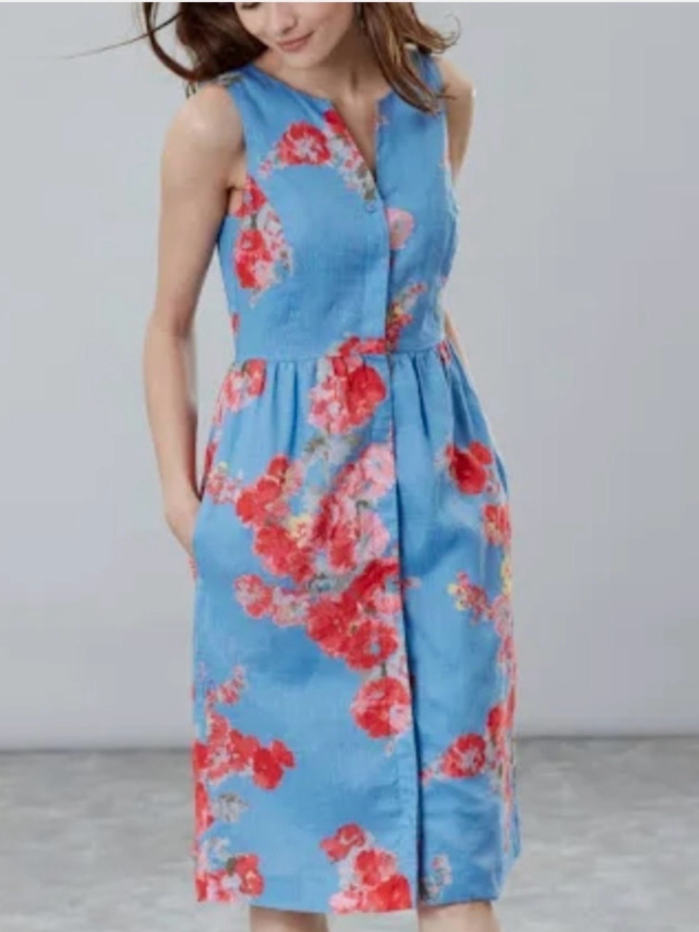 Joules Lisia Floral Print Sleeveless Linen Button Front Dress Size 4